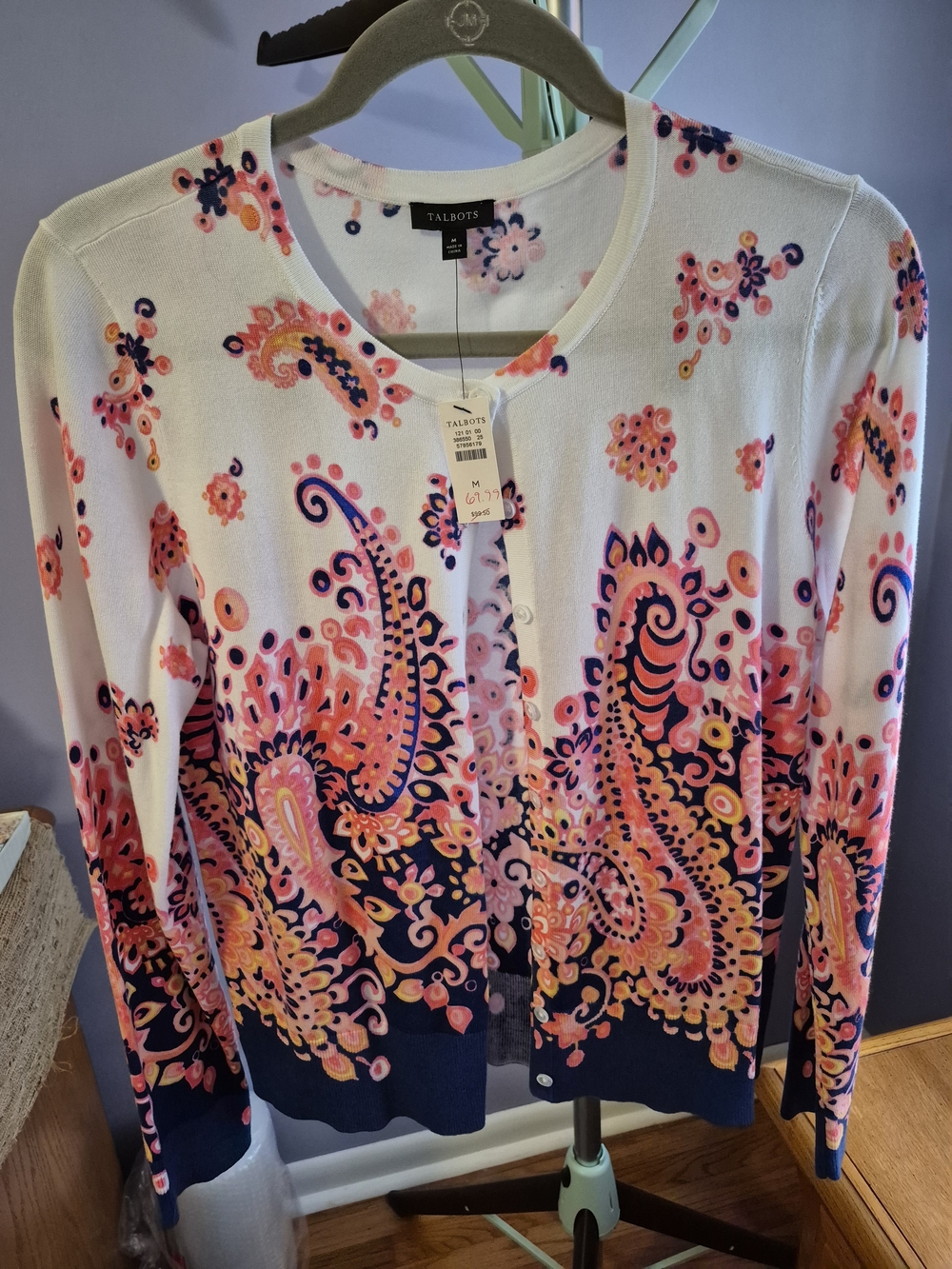 Talbots White Cardigan with Pink and Navy Paisley